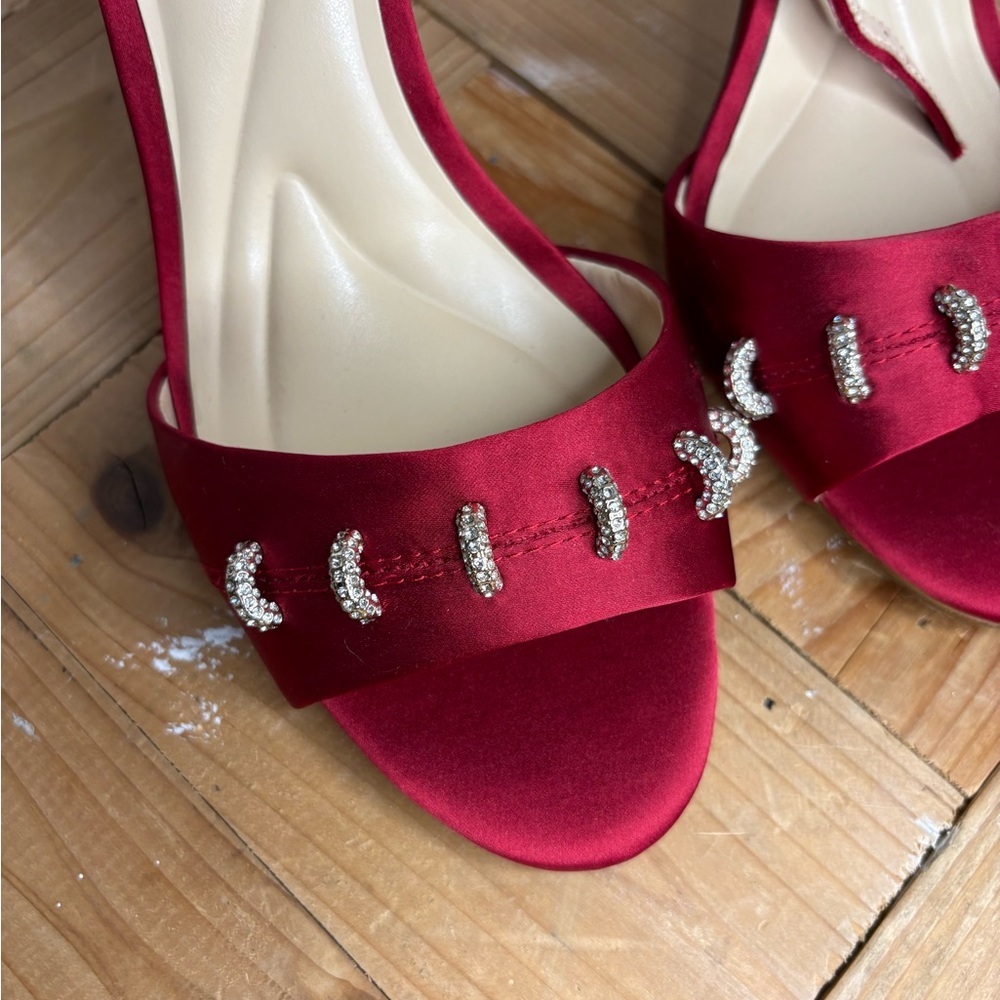 Jessica Simpson Red Satin Rhinestone-Embellished Ankle-Strap Stiletto 7.5 - Picture 5 of 10